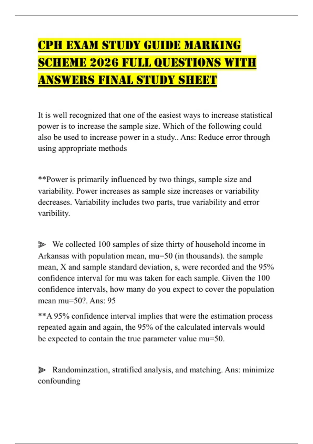 CPH EXAM STUDY GUIDE MARKING SCHEME 2026 FULL QUESTIONS WITH ANSWERS ...