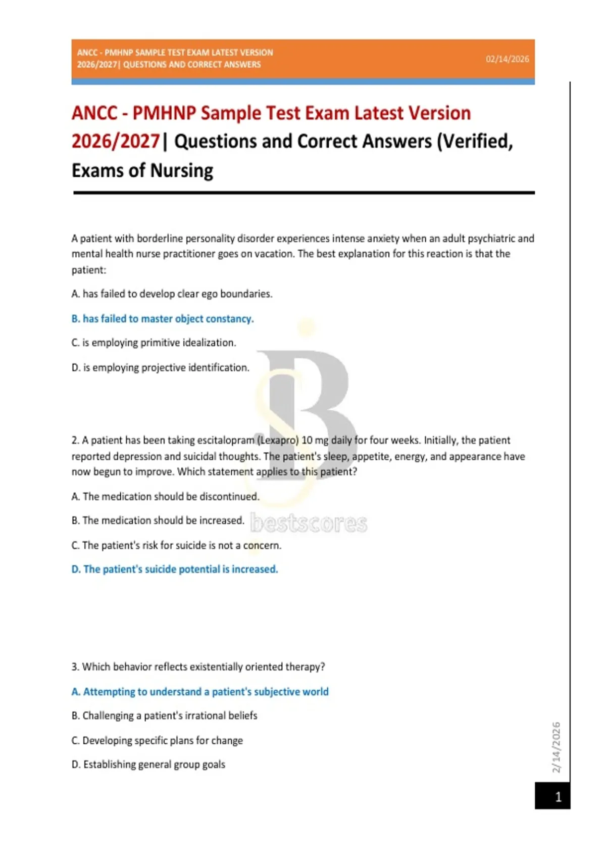 ANCC - PMHNP Sample Test Exam Latest Version 2026/2027| Questions and ...