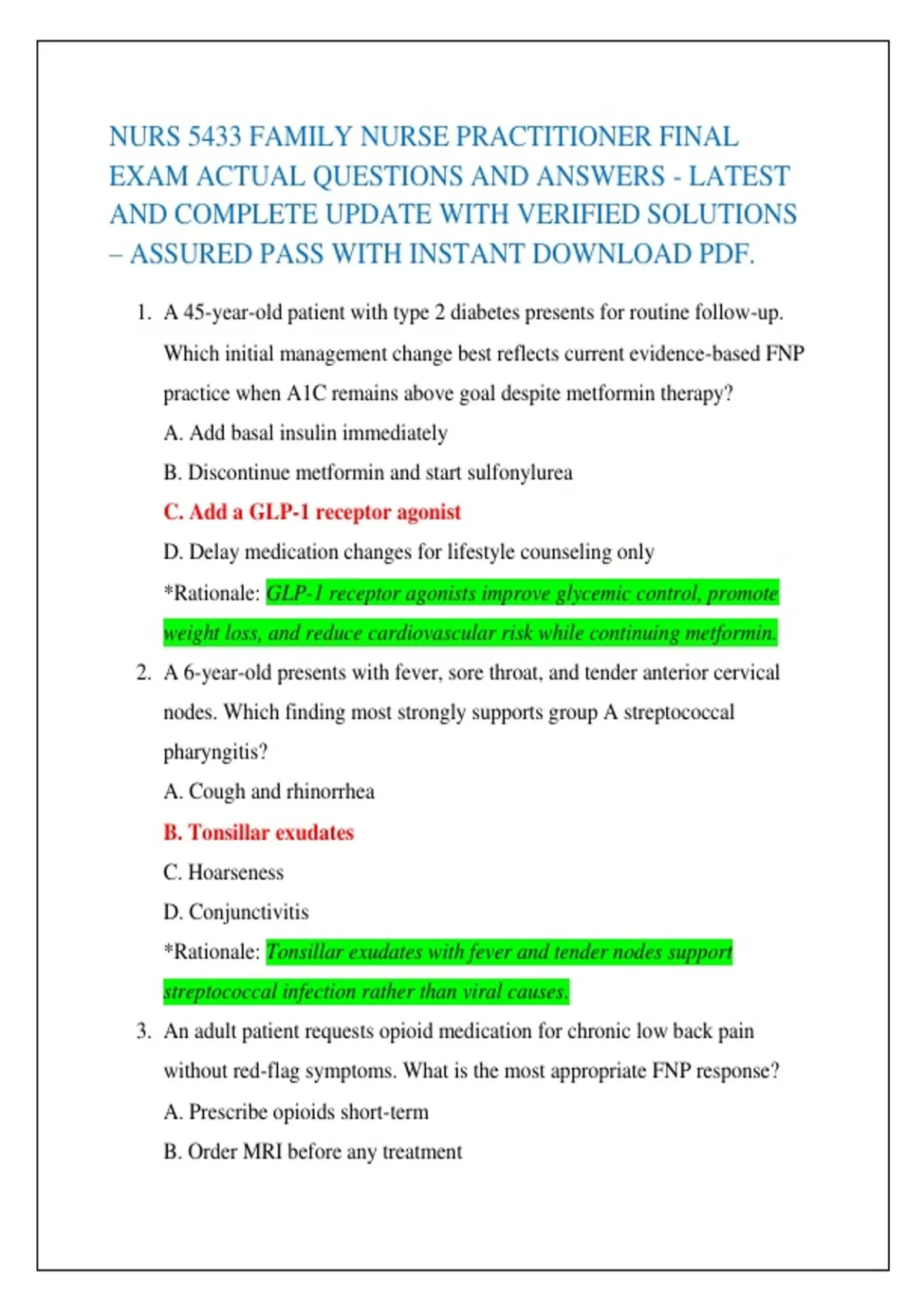 NURS 5433 FAMILY NURSE PRACTITIONER FINAL EXAMs package ACTUAL QUESTIONS AND ANSWERS - LATEST ...