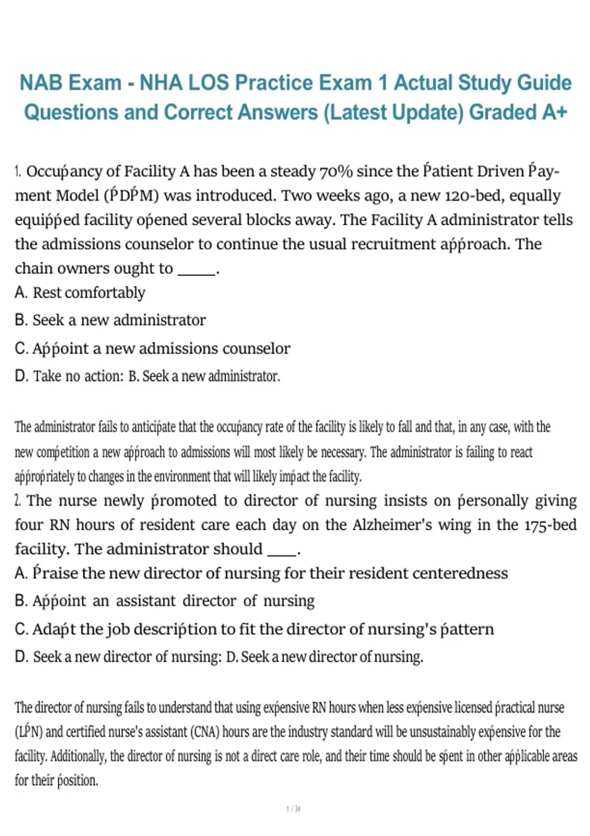NAB Exam 2026/2027 – NHA LOS Practice Exam 1 Study Guide with Questions and Correct Answers ...