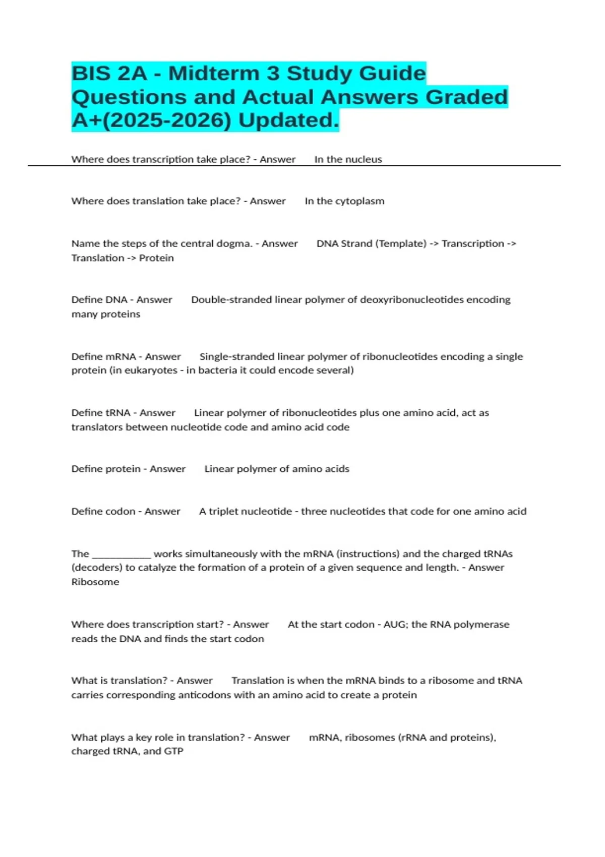 BIS 2A - Midterm 3 Study Guide Questions and Actual Answers Graded A+ ...