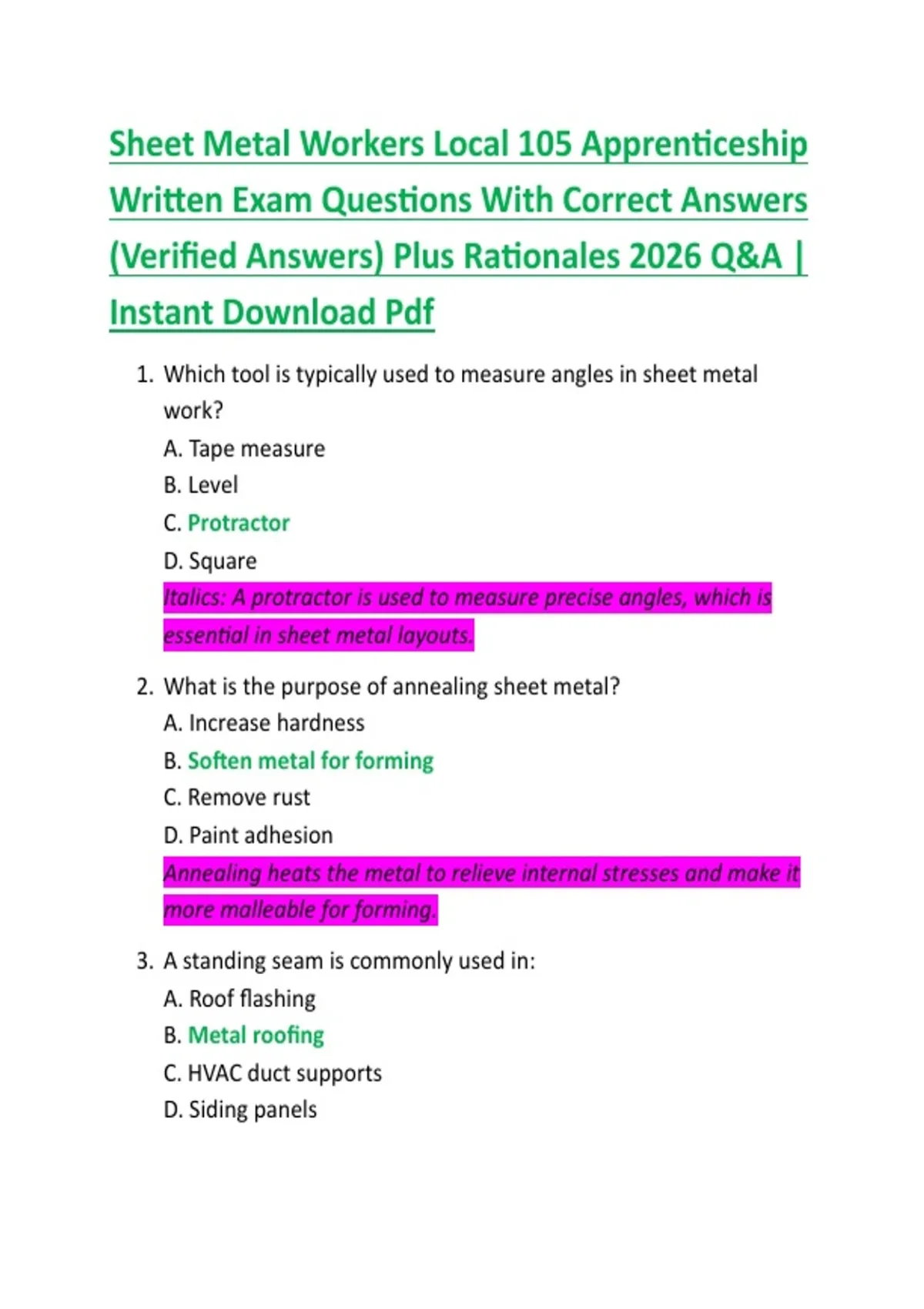 Sheet Metal Workers Local 105 Apprenticeship Written Exam Questions With Correct Answers ...