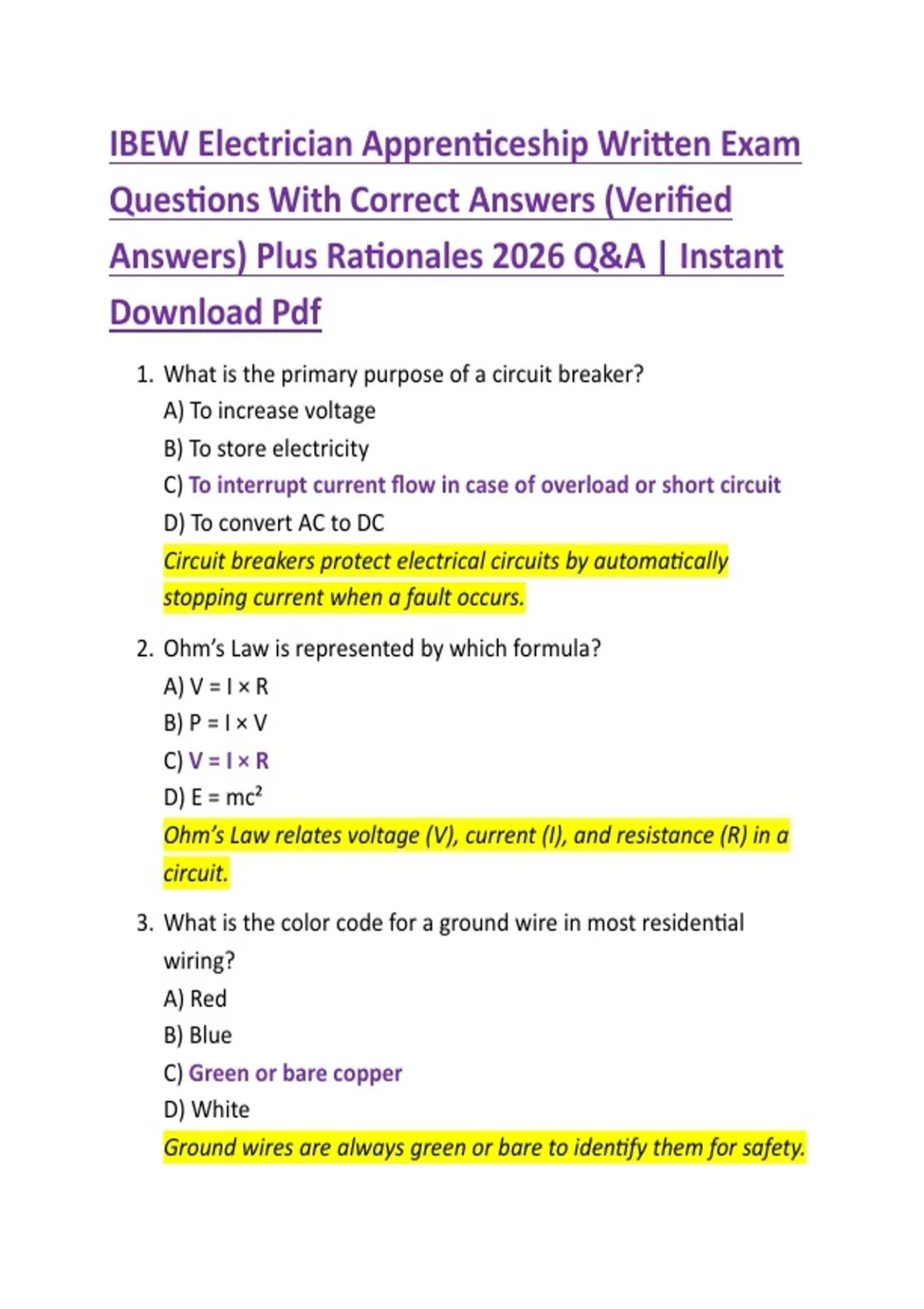 IBEW Electrician Apprenticeship Written Exam Questions With Correct Answers (Verified Answers ...