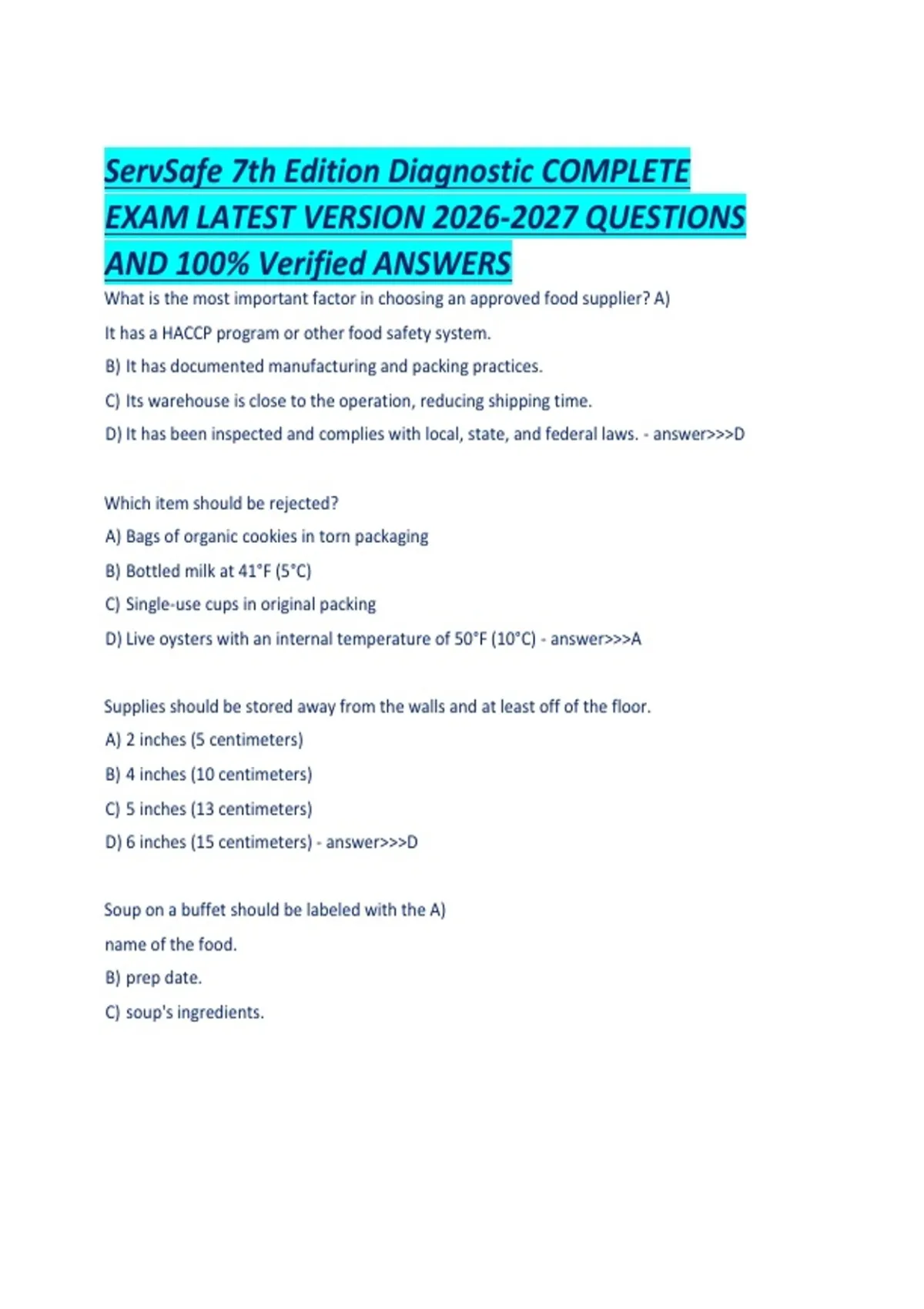 ServSafe 7th Edition Diagnostic COMPLETE EXAM LATEST VERSION QUESTIONS ...