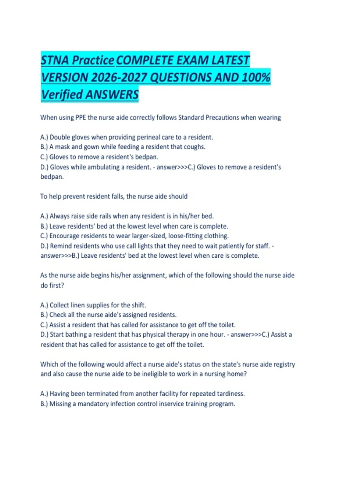 Stna Interview Questions STNA Practice COMPLETE EXAM LATEST VERSION QUESTIONS AND 100- Verified ...