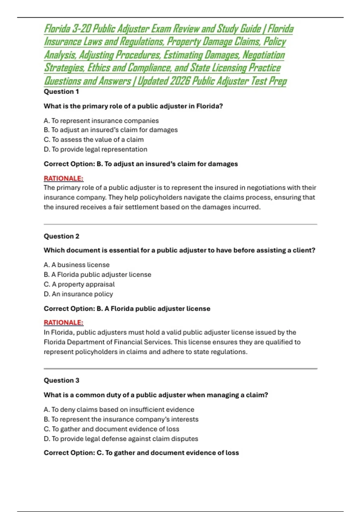Florida 3-20 Public Adjuster Exam Review and Study Guide | Florida ...