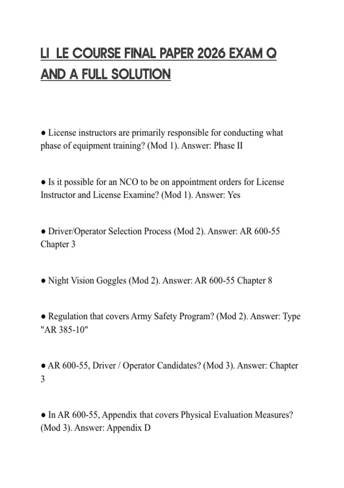 Course Final Paper LI LE COURSE FINAL PAPER 2026 EXAM Q AND A FULL SOLUTION - LI LE COURSE ...