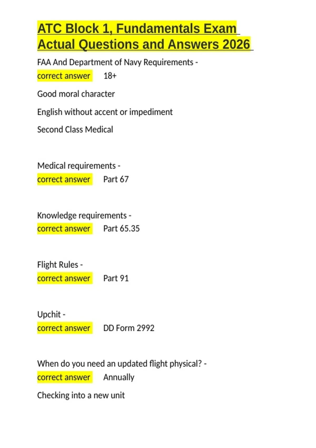 ATC Block 1, Fundamentals Exam Actual Questions and Answers 2026.docx ...