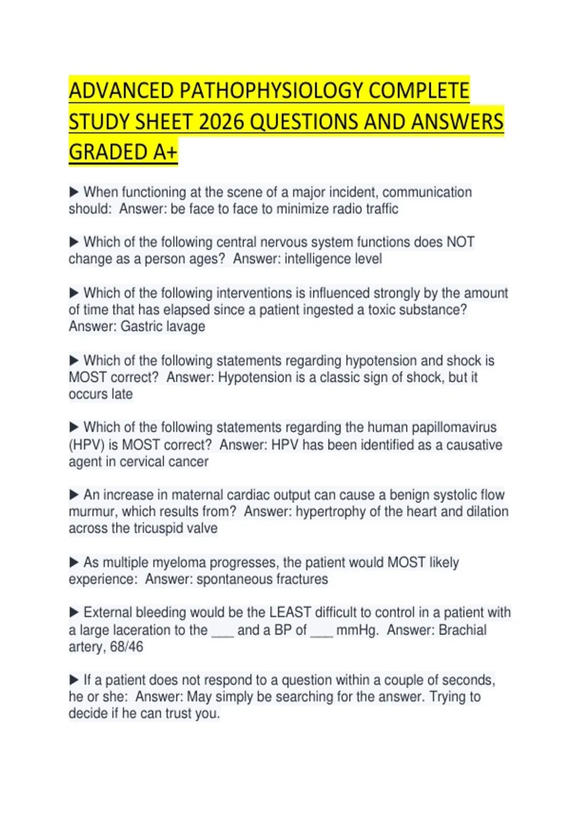 ADVANCED PATHOPHYSIOLOGY COMPLETE STUDY SHEET 2026 QUESTIONS AND ...