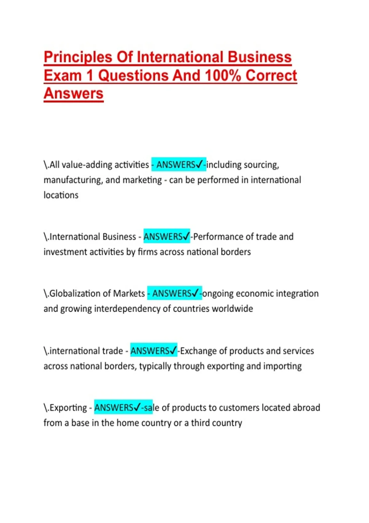 Principles Of International Business Exam 1 Questions And 100% Correct ...
