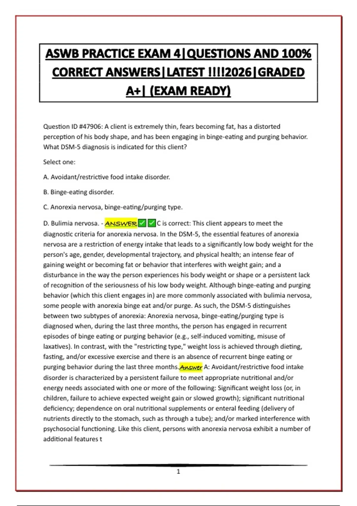 ASWB PRACTICE EXAM 4|QUESTIONS AND 100% CORRECT ANSWERS|LATEST !!!!2026|GRADED A+| (EXAM READY ...