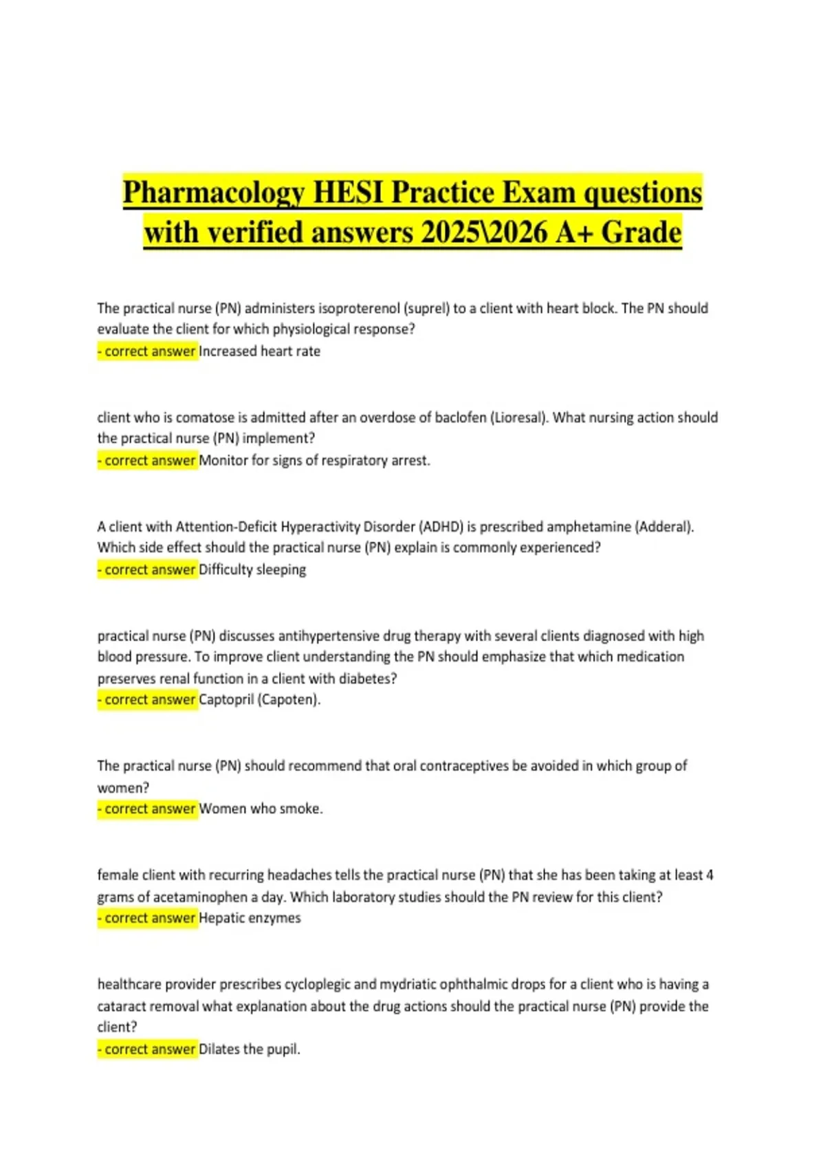 Pharmacology HESI Practice Exam 2025/2026 – Questions with Verified Answers (A+ Grade ...
