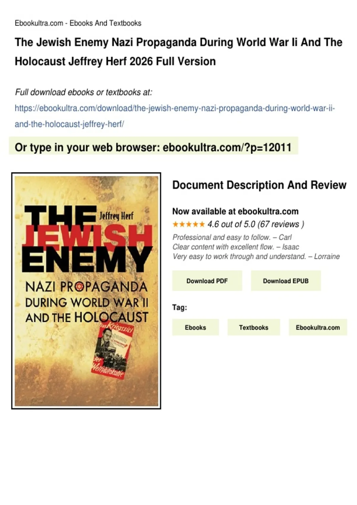 Summary The Jewish Enemy Nazi Propaganda during World War II and the ...