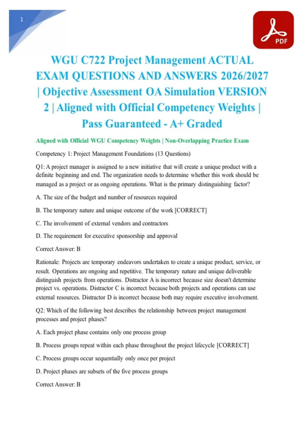 WGU C722 Project Management ACTUAL EXAM QUESTIONS AND ANSWERS 2026/2027 ...