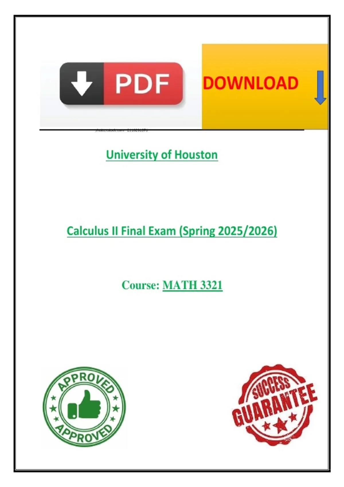 University of Houston - MATH 3321: Calculus II Final Exam (Spring 2025/ ...