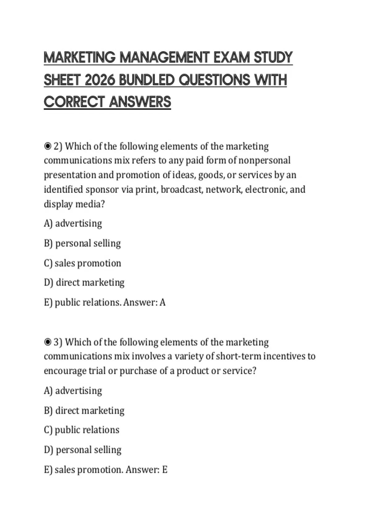 MARKETING MANAGEMENT EXAM STUDY SHEET 2026 BUNDLED QUESTIONS WITH ...