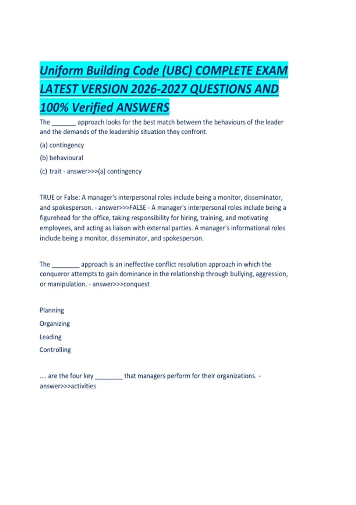 Uniform Building Code (UBC) COMPLETE EXAM LATEST VERSION QUESTIONS AND ...