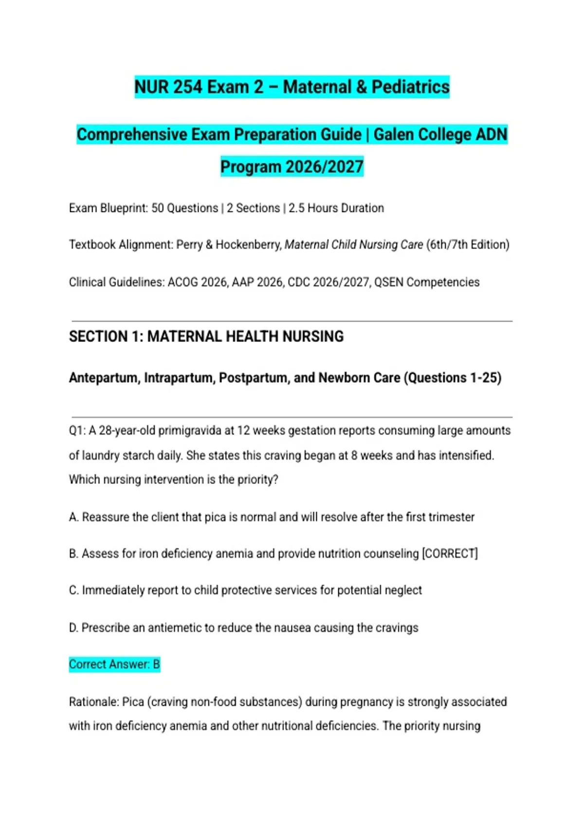 NUR 254 EXAM 2 MATERNAL & PEDIATRICS ACTUAL EXAM 2026/2027 | Galen ...