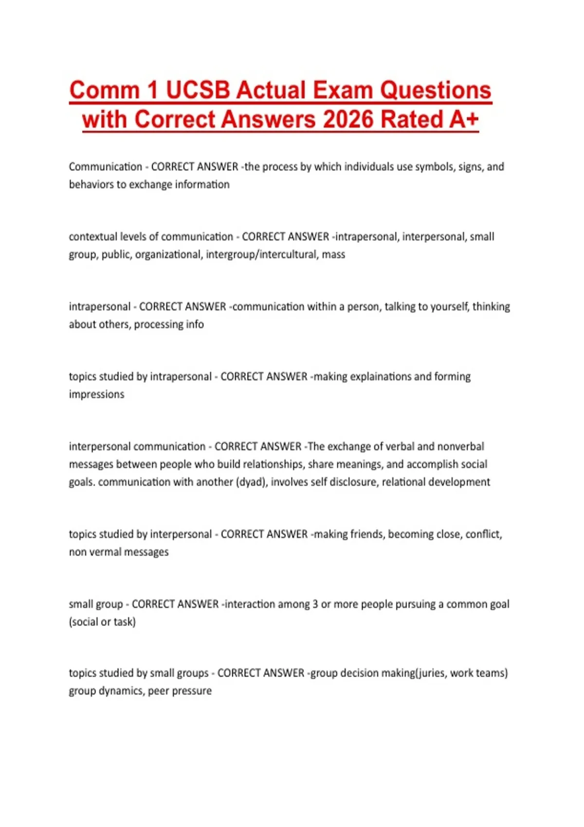 Comm 1 UCSB Actual Exam Questions with Correct Answers 2026 Rated A+ ...