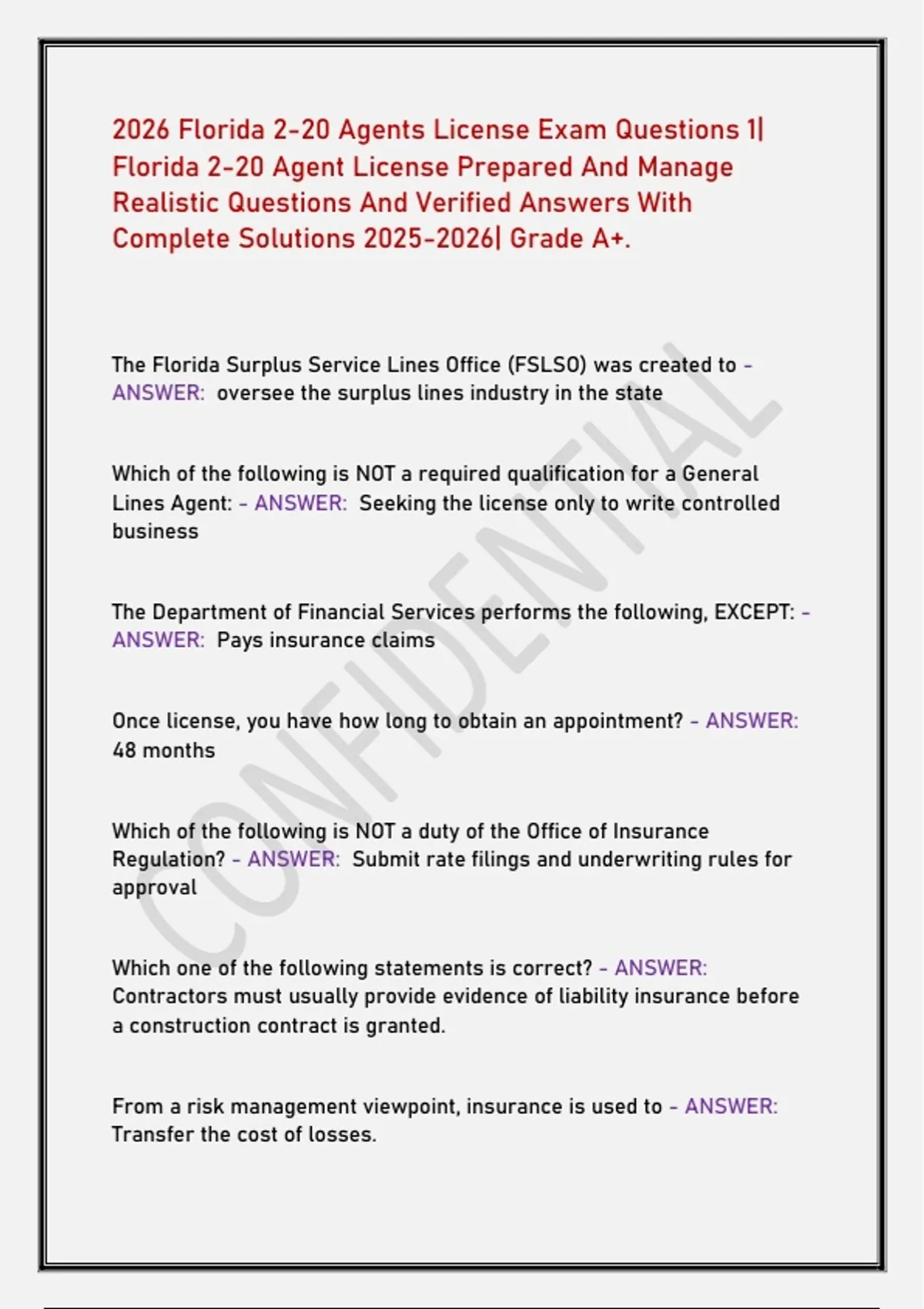 2026 Florida 2-20 Agents License Exam Questions 1| Florida 2-20 Agent ...