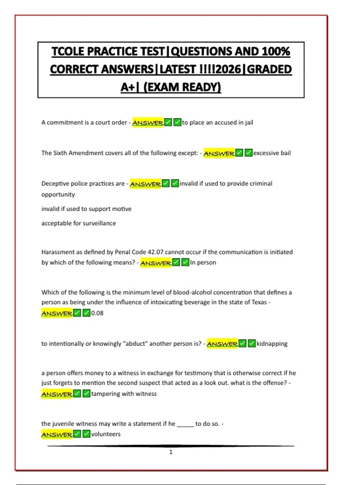 TCOLE PRACTICE TEST |QUESTIONS AND 100% CORRECT ANSWERS|LATEST !!!!2026 ...