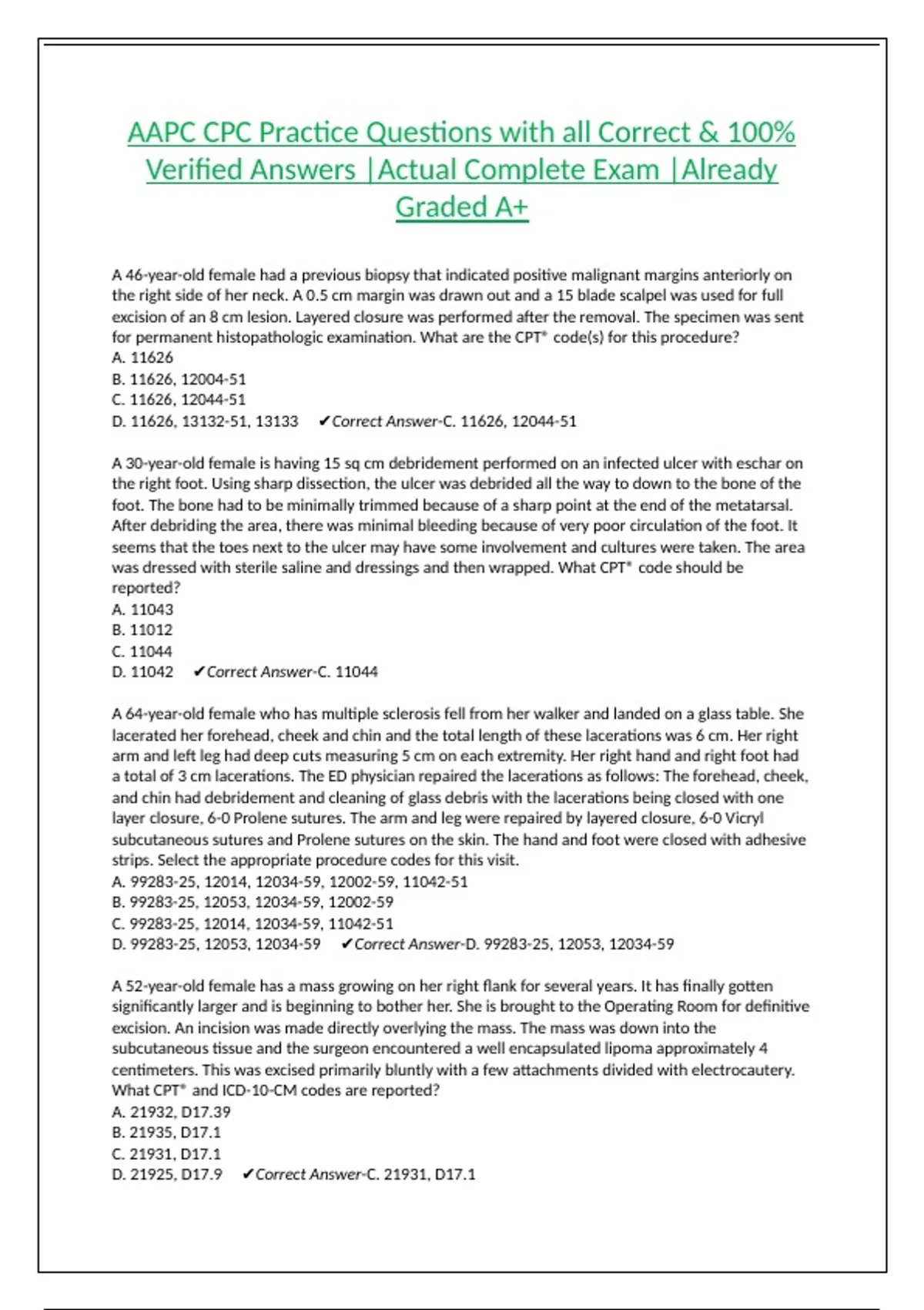 AAPC CPC Practice Questions with all Correct & 100% Verified Answers ...