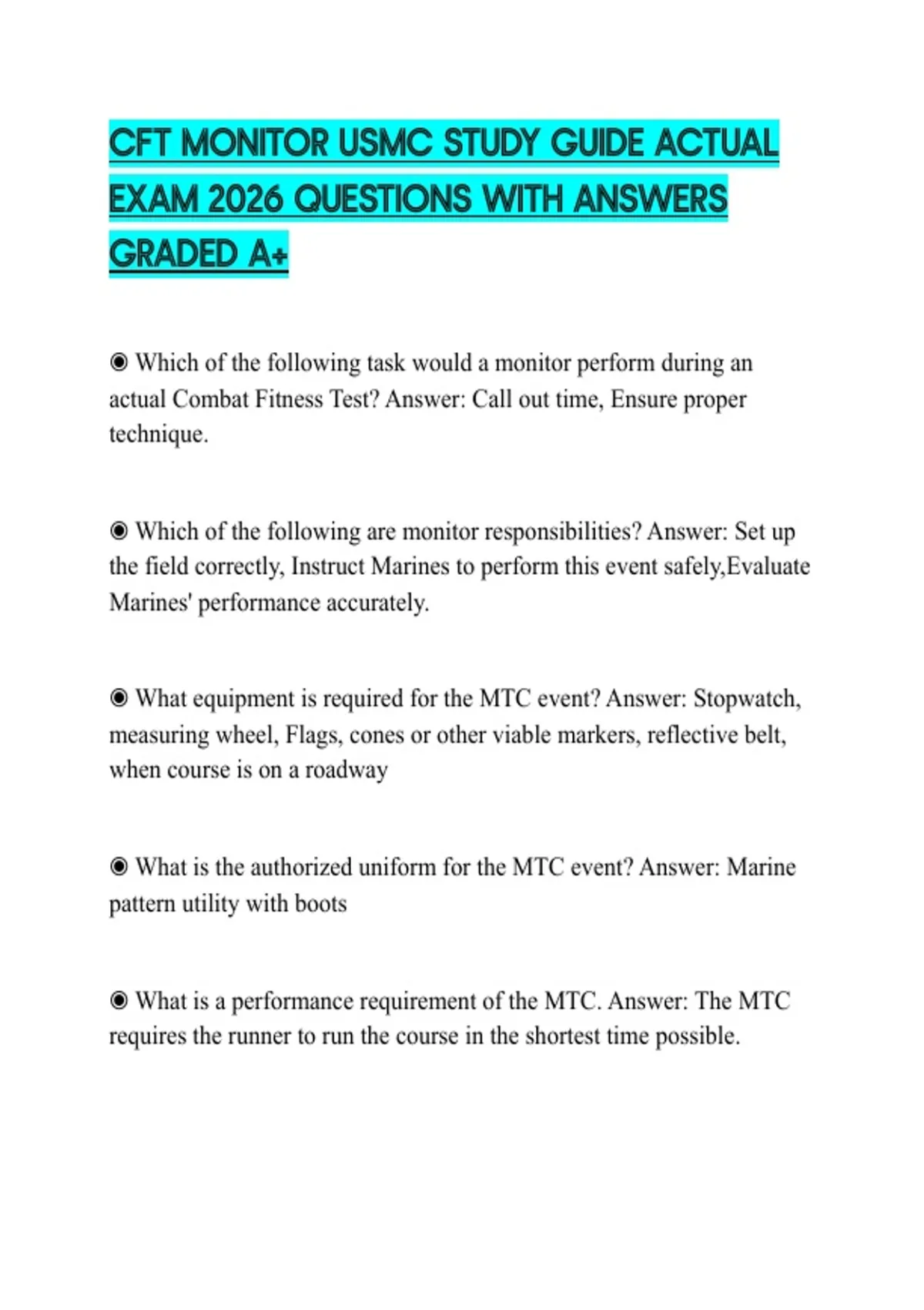 CFT MONITOR USMC STUDY GUIDE ACTUAL EXAM 2026 QUESTIONS WITH ANSWERS ...