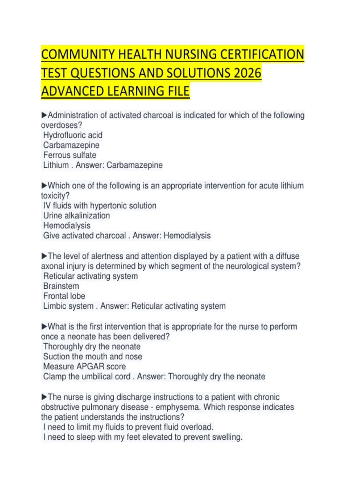 COMMUNITY HEALTH NURSING CERTIFICATION TEST QUESTIONS AND SOLUTIONS ...