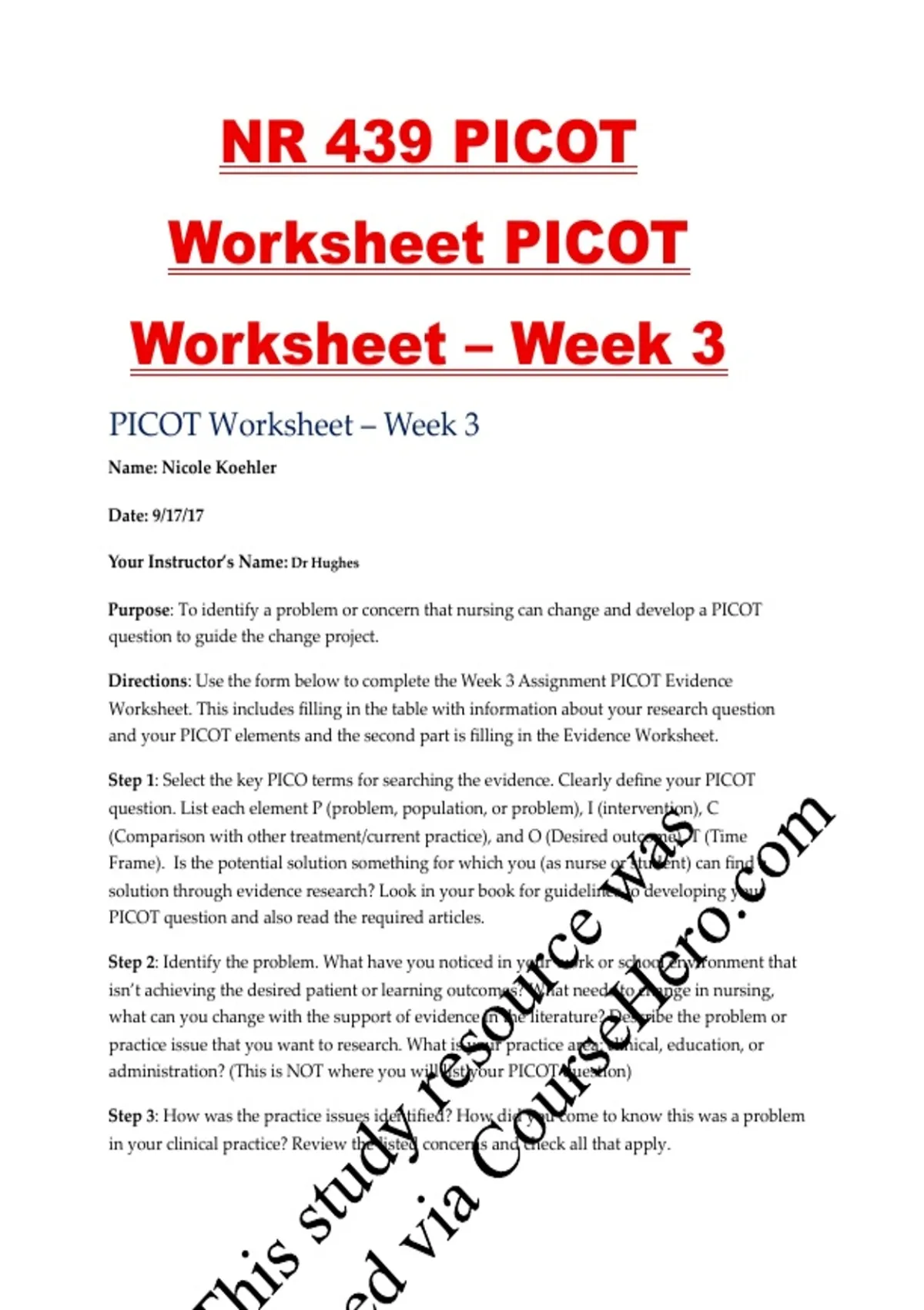 NR 439 PICOT Worksheet: Cardiac Surgery Extubation & ICU Length of Stay ...