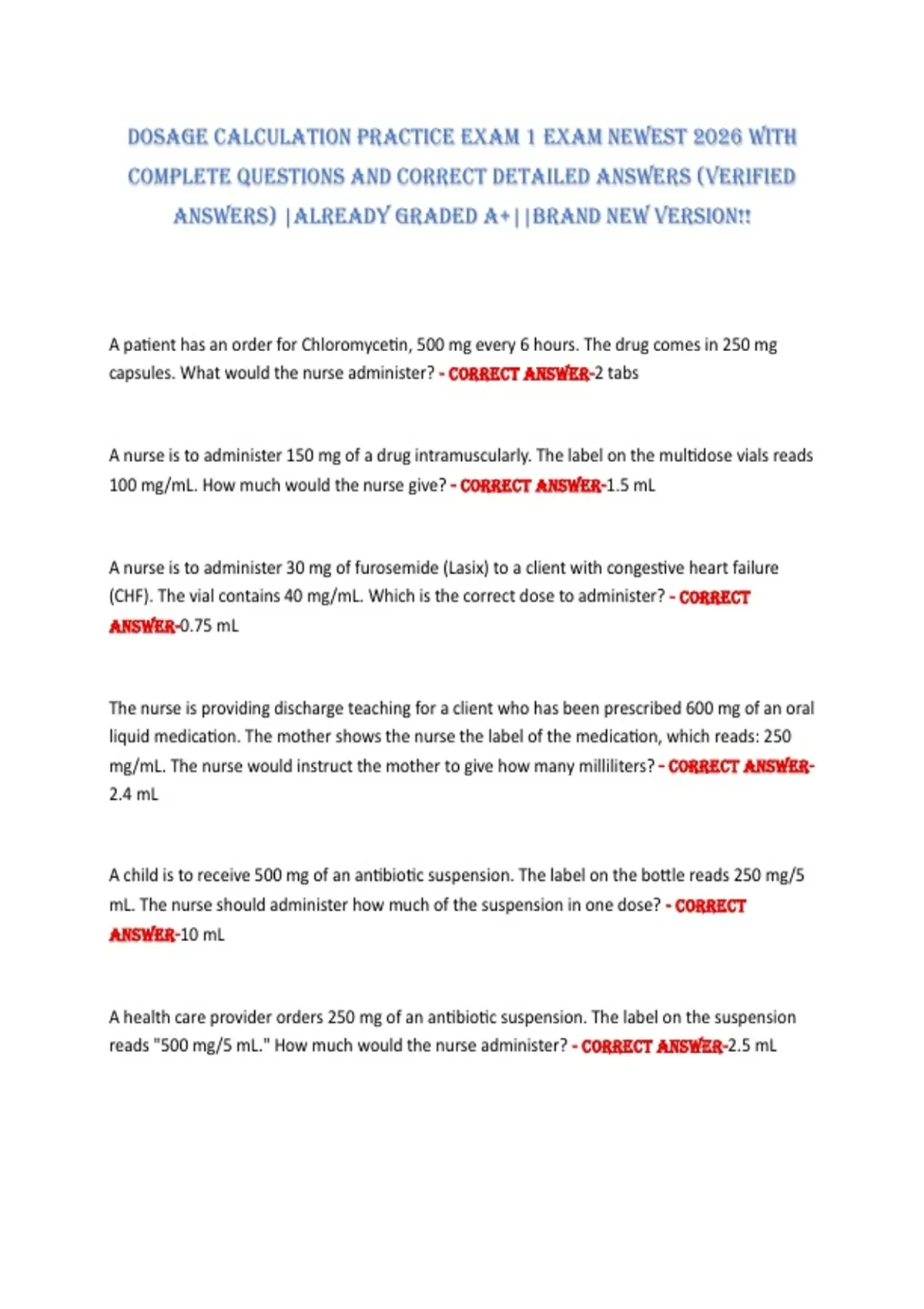 Dosage CalCulation PraCtiCe exam 1 exam newest 2026 with ComPlete ...