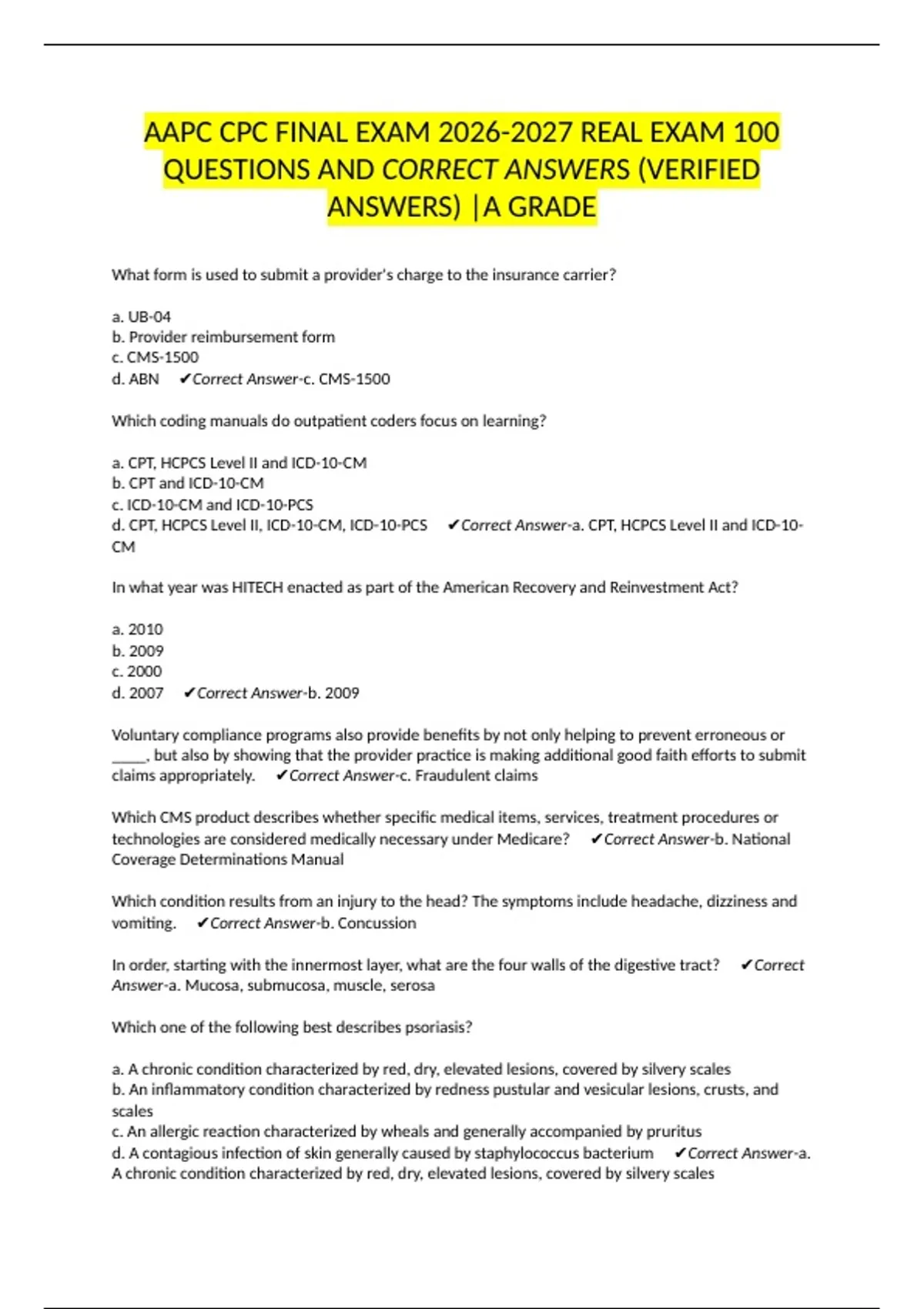 AAPC CPC FINAL EXAM REAL EXAM 100 QUESTIONS AND CORRECT ANSWERS ...