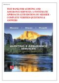 TEST BANK FOR AUDITING AND  ASSURANCE SERVICES&colon; A SYSTEMATIC  APPROACH &lpar;12TH EDITION&rpar; BY MESSIER &ndash;  COMPLETE VERIFIED QUESTIONS &  ANSWERS &vert;&vert;ISBN&colon;9781260687637