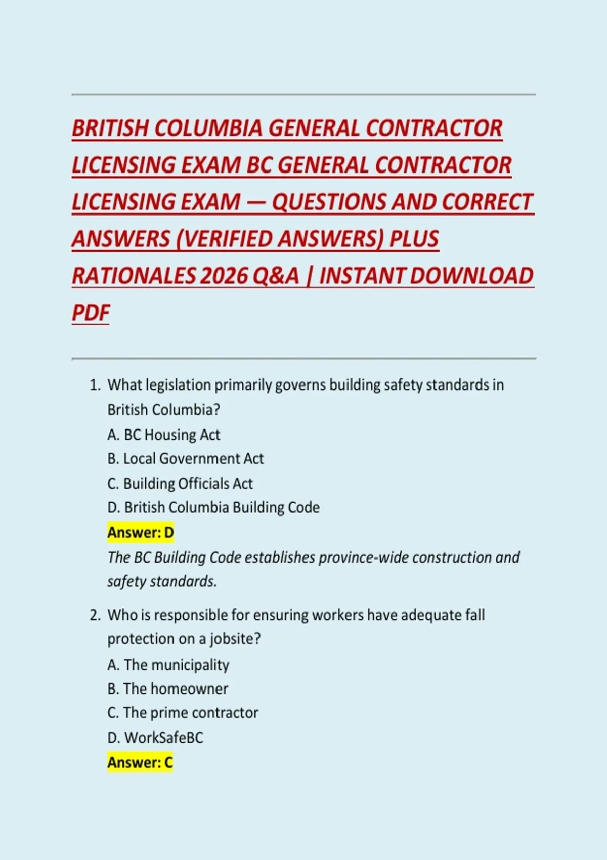 BRITISH COLUMBIA GENERAL CONTRACTOR LICENSING EXAM BC GENERAL ...