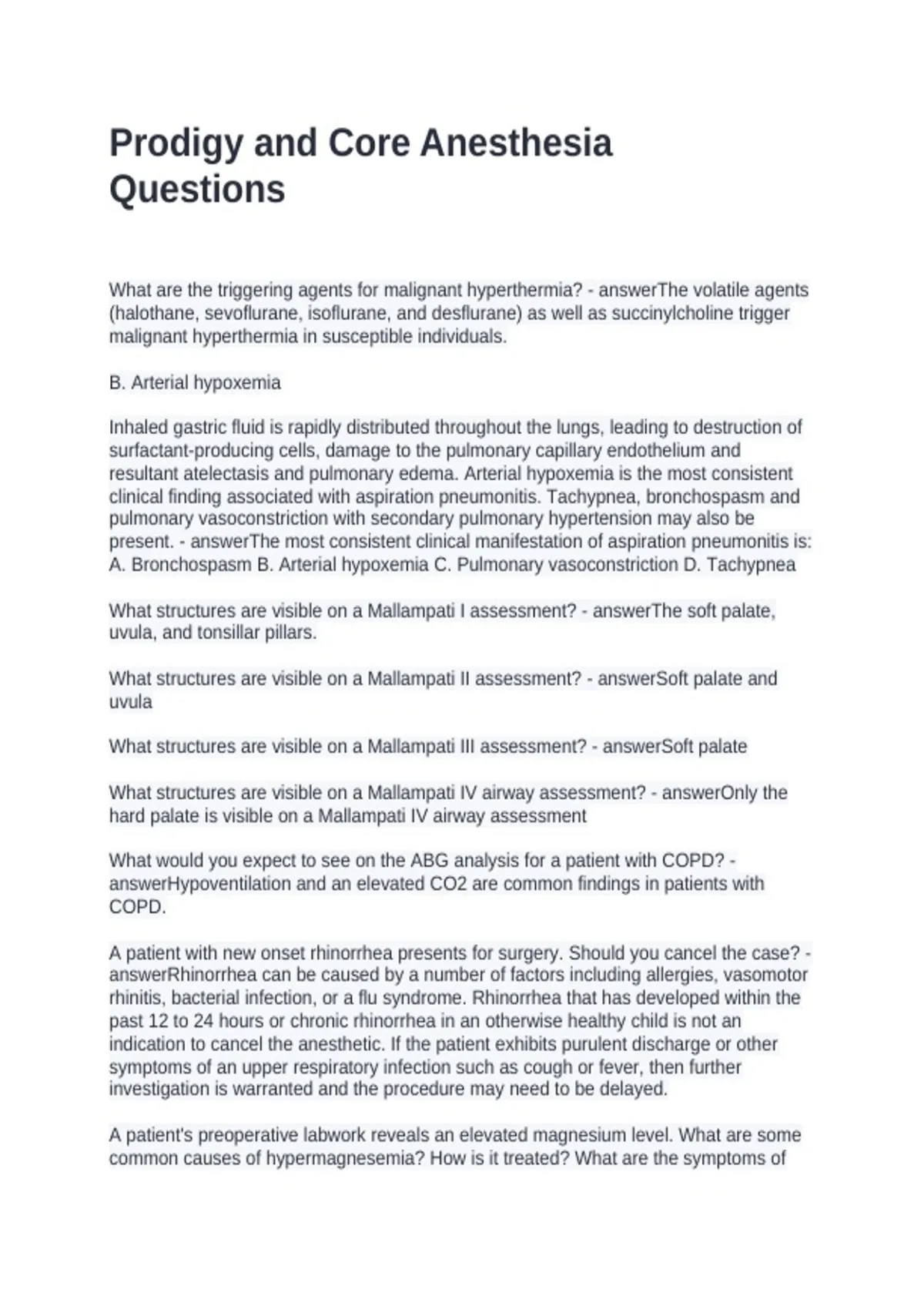 Prodigy and Core Anesthesia Questions and Answers 2026 - Anesthesia ...