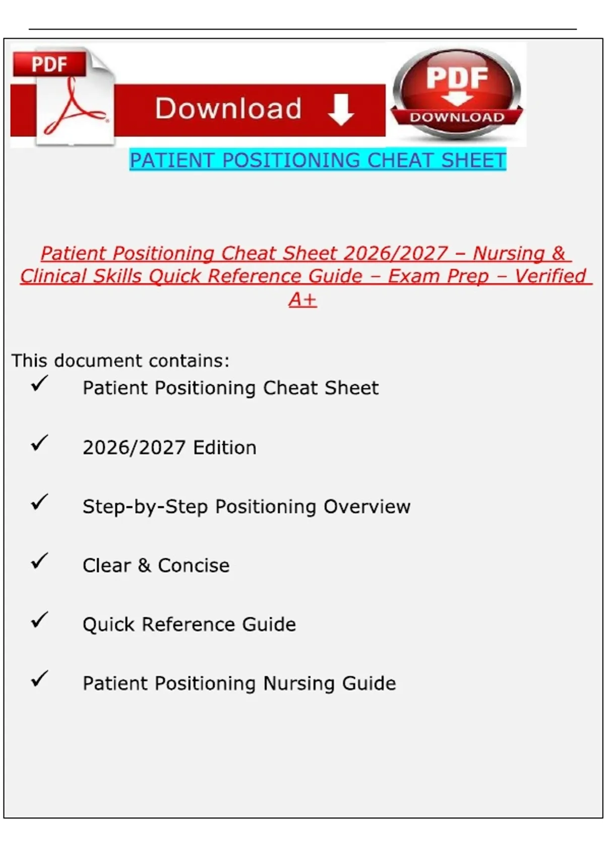 Reference Positioning Chart Patient Positioning Cheat Sheet 2026–2027 – Quick Reference Guide for ...