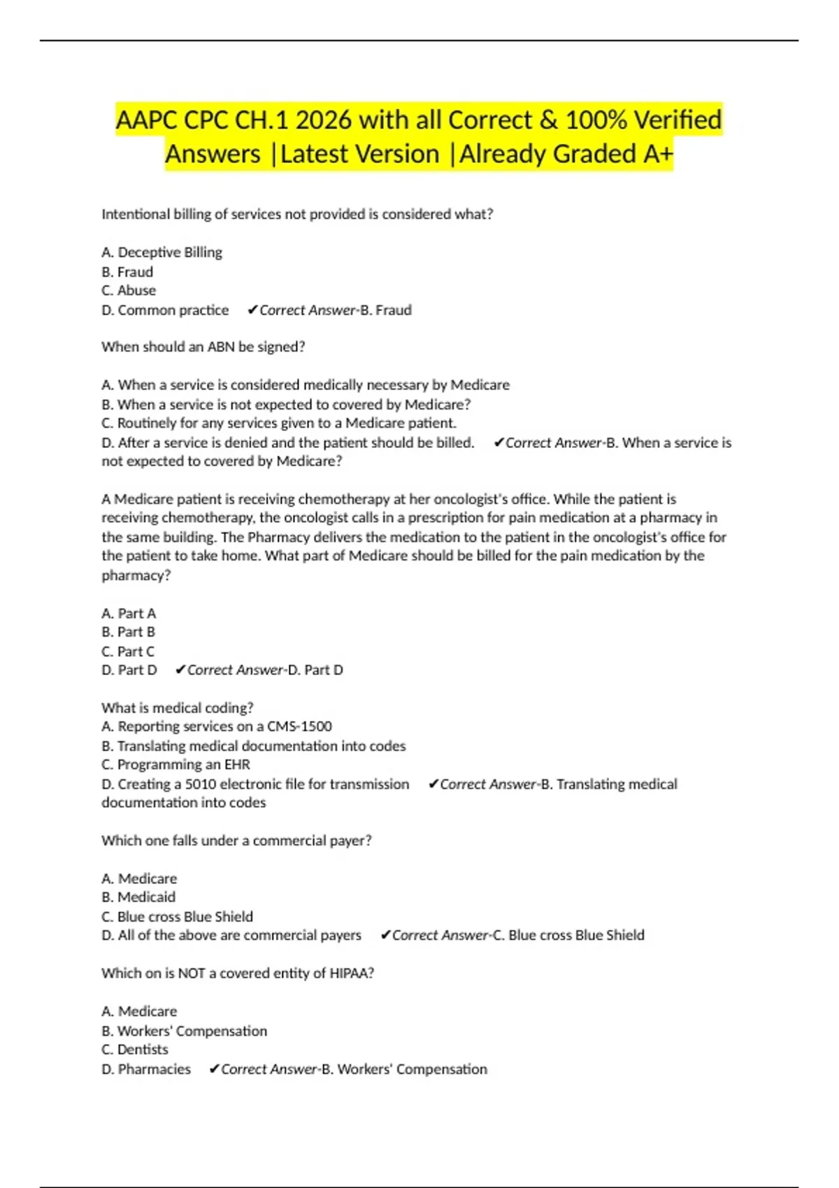 AAPC CPC CH.1 2026 with all Correct & 100% Verified Answers |Latest ...