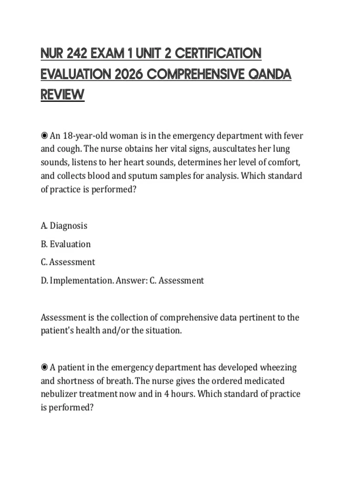 NUR 242 EXAM 1 UNIT 2 CERTIFICATION EVALUATION 2026 COMPREHENSIVE QANDA ...