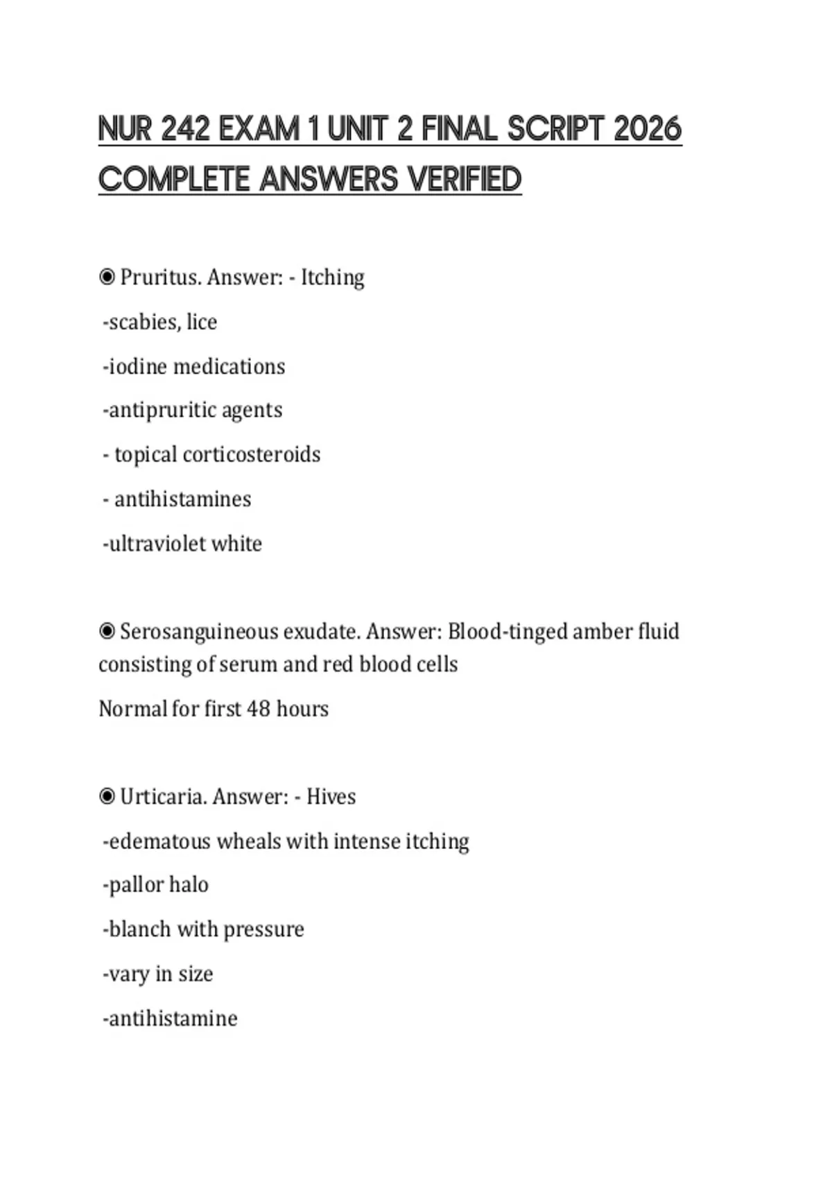 NUR 242 EXAM 1 UNIT 2 FINAL SCRIPT 2026 COMPLETE ANSWERS VERIFIED - NUR ...
