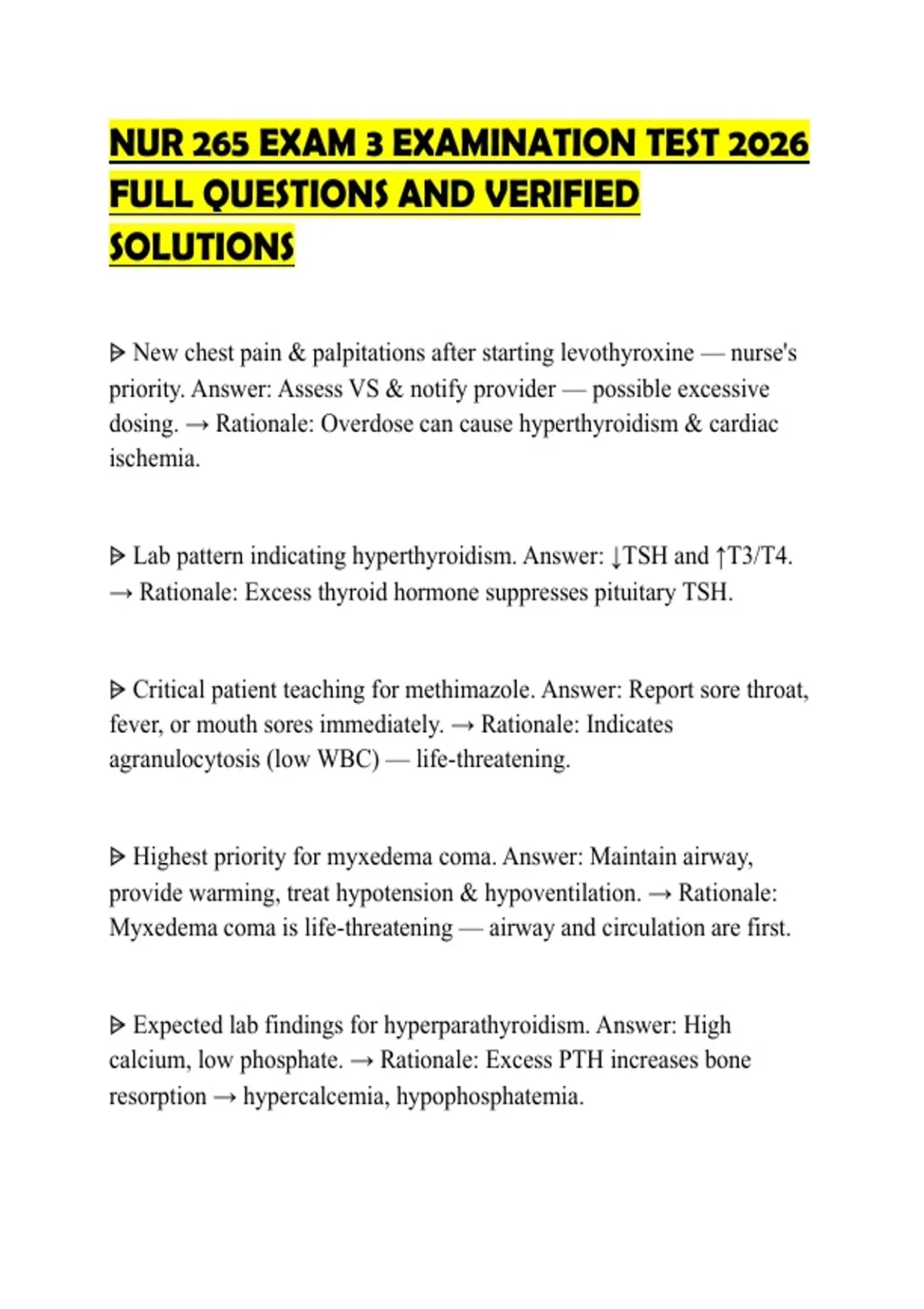 NUR 265 EXAM 3 EXAMINATION TEST 2026 FULL QUESTIONS AND VERIFIED ...