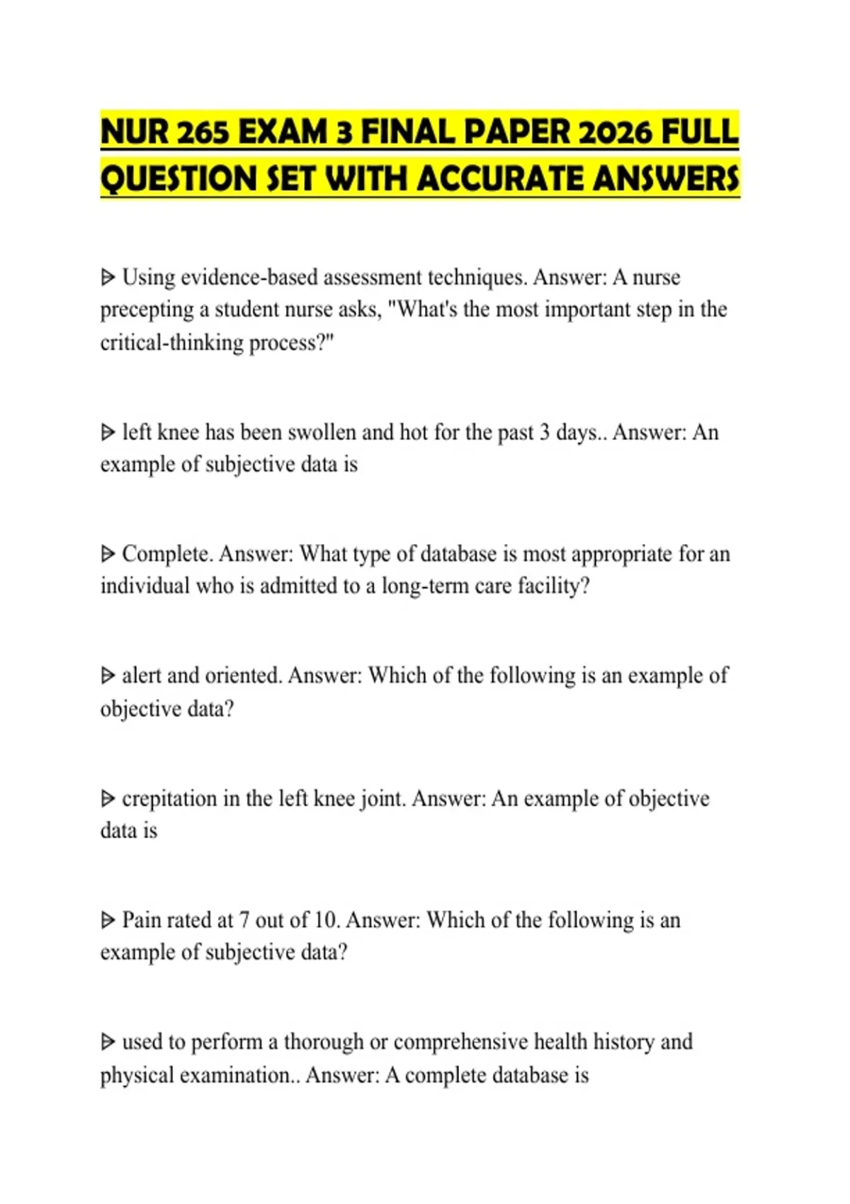 NUR 265 EXAM 3 FINAL PAPER 2026 FULL QUESTION SET WITH ACCURATE ANSWERS ...