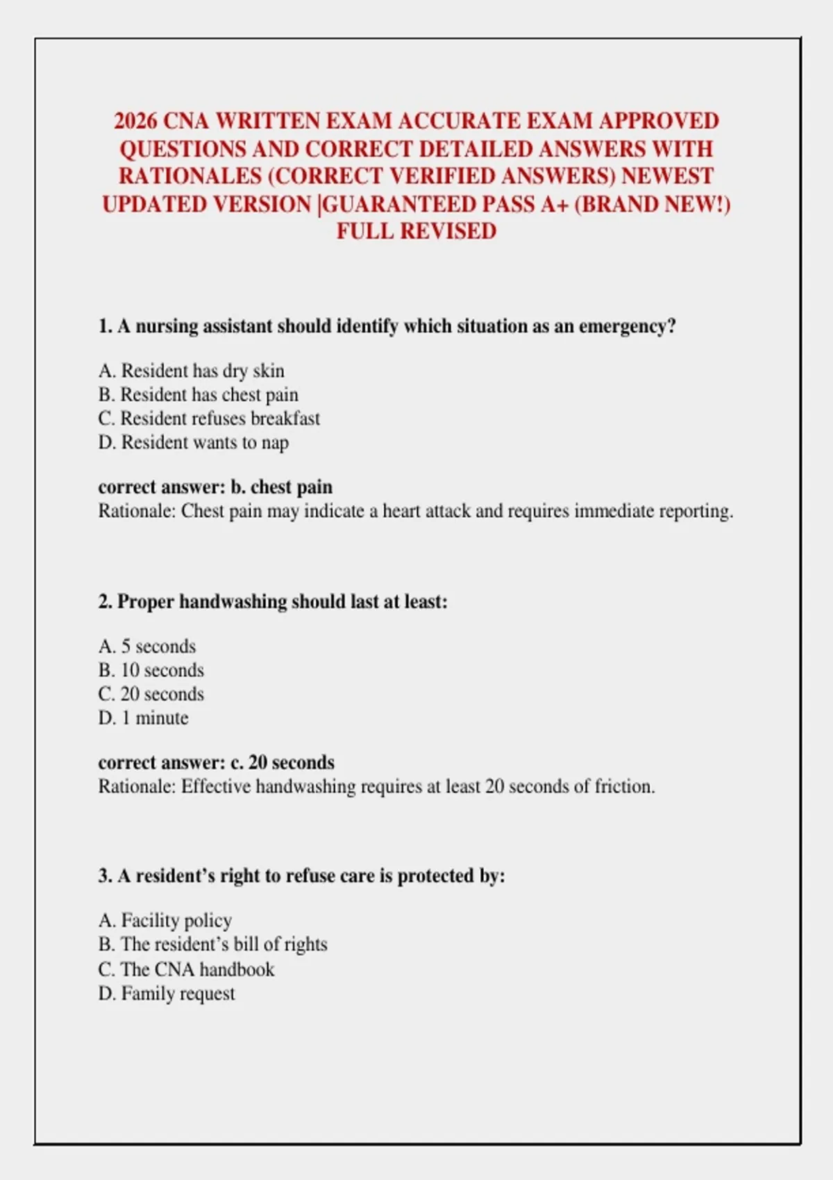 2026 CNA WRITTEN EXAM ACCURATE EXAM APPROVED QUESTIONS AND CORRECT ...