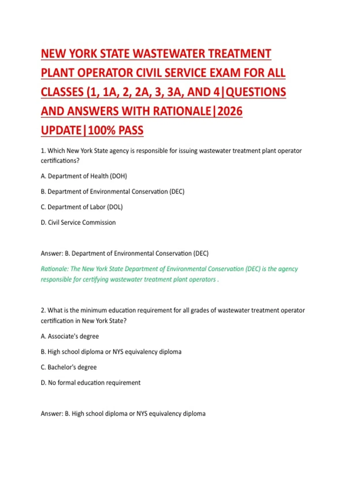 NEW YORK STATE WASTEWATER TREATMENT PLANT OPERATOR CIVIL SERVICE EXAM ...