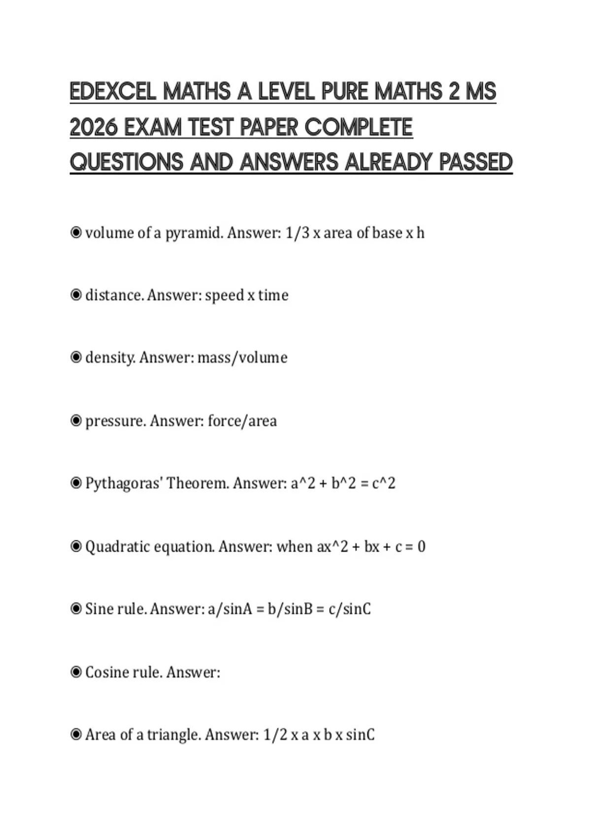 EDEXCEL MATHS A LEVEL PURE MATHS 2 MS 2026 EXAM TEST PAPER COMPLETE ...