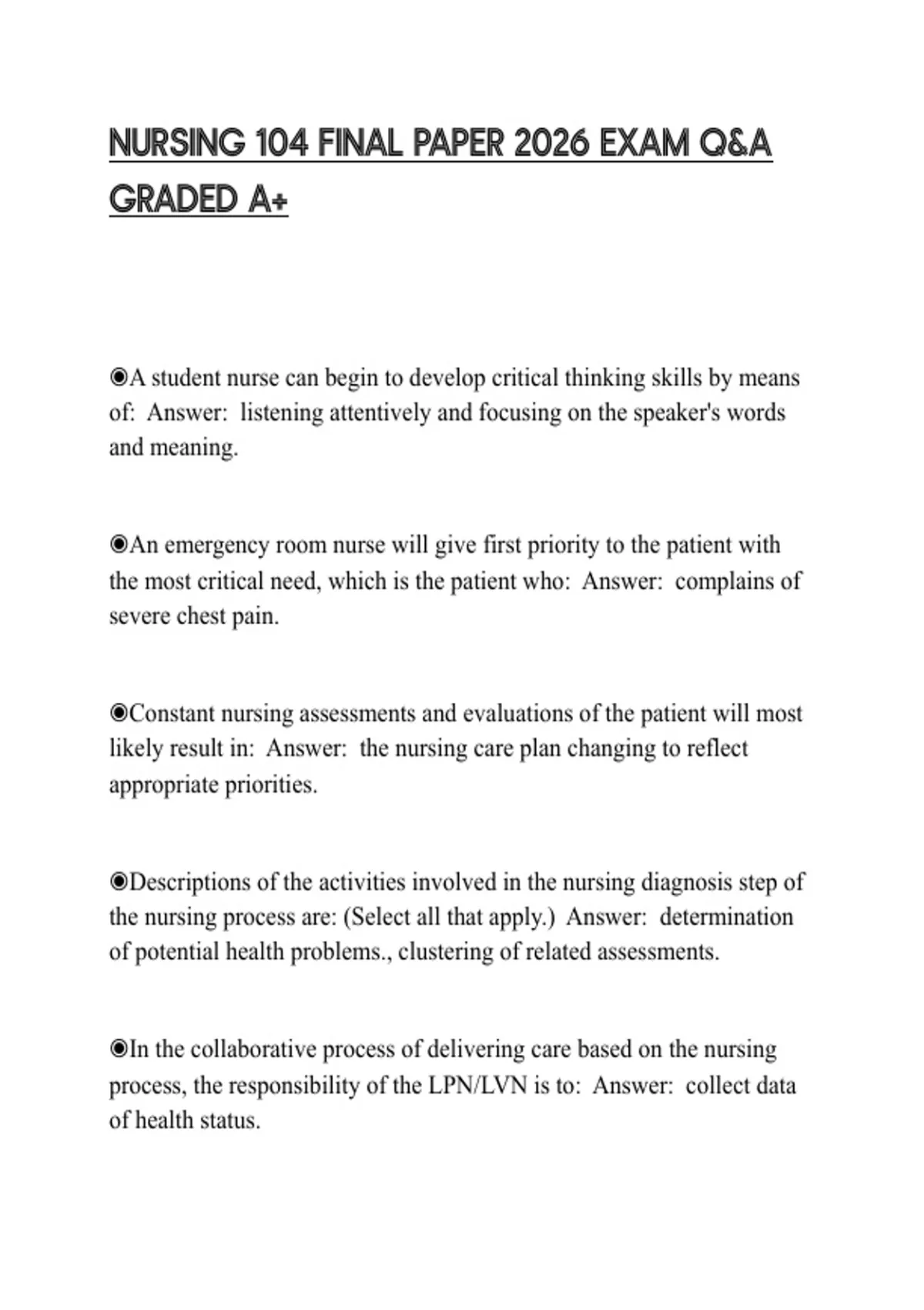 NURSING 104 FINAL PAPER 2026 EXAM Q&A GRADED A+ - NURSING 1460 - Stuvia US