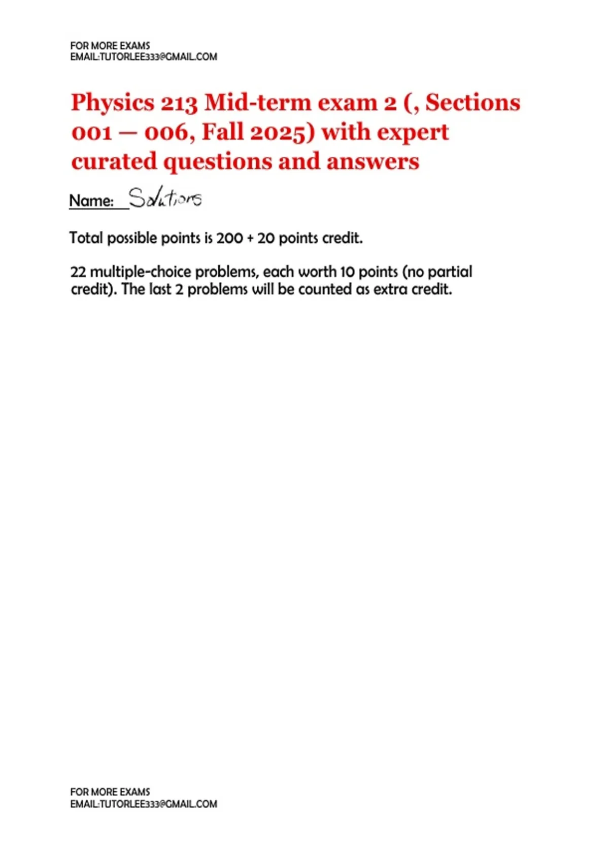 Physics 213 Mid-term exam 2 (, Sections 001 — 006, Fall 2025) with ...