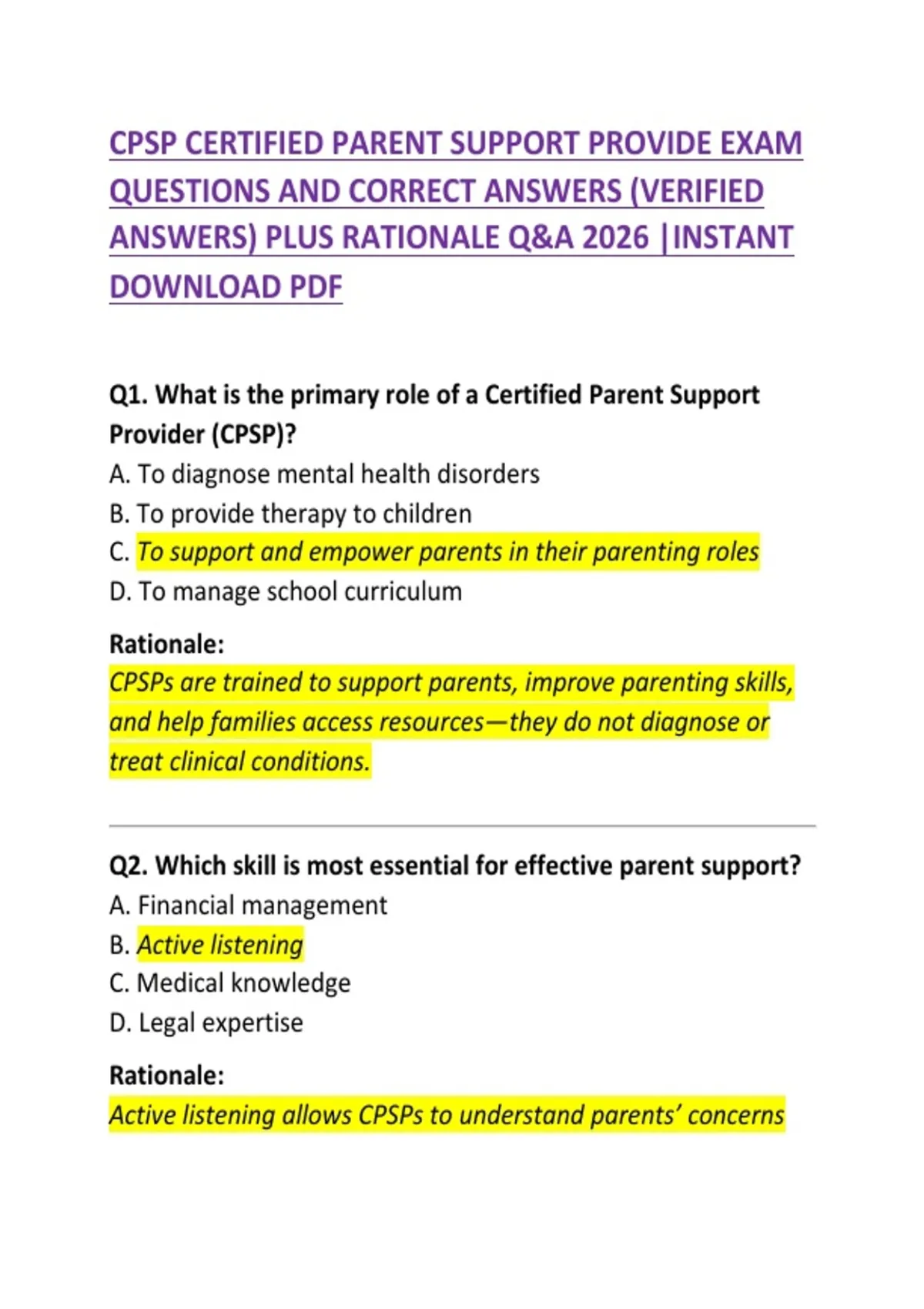 CPSP Certified Parent Support Provider Exam Questions and Correct ...