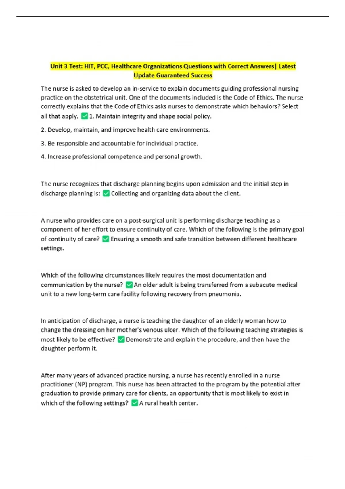 Pcc Question Examples Unit 3 Test: HIT, PCC, Healthcare Organizations Questions with Correct ...