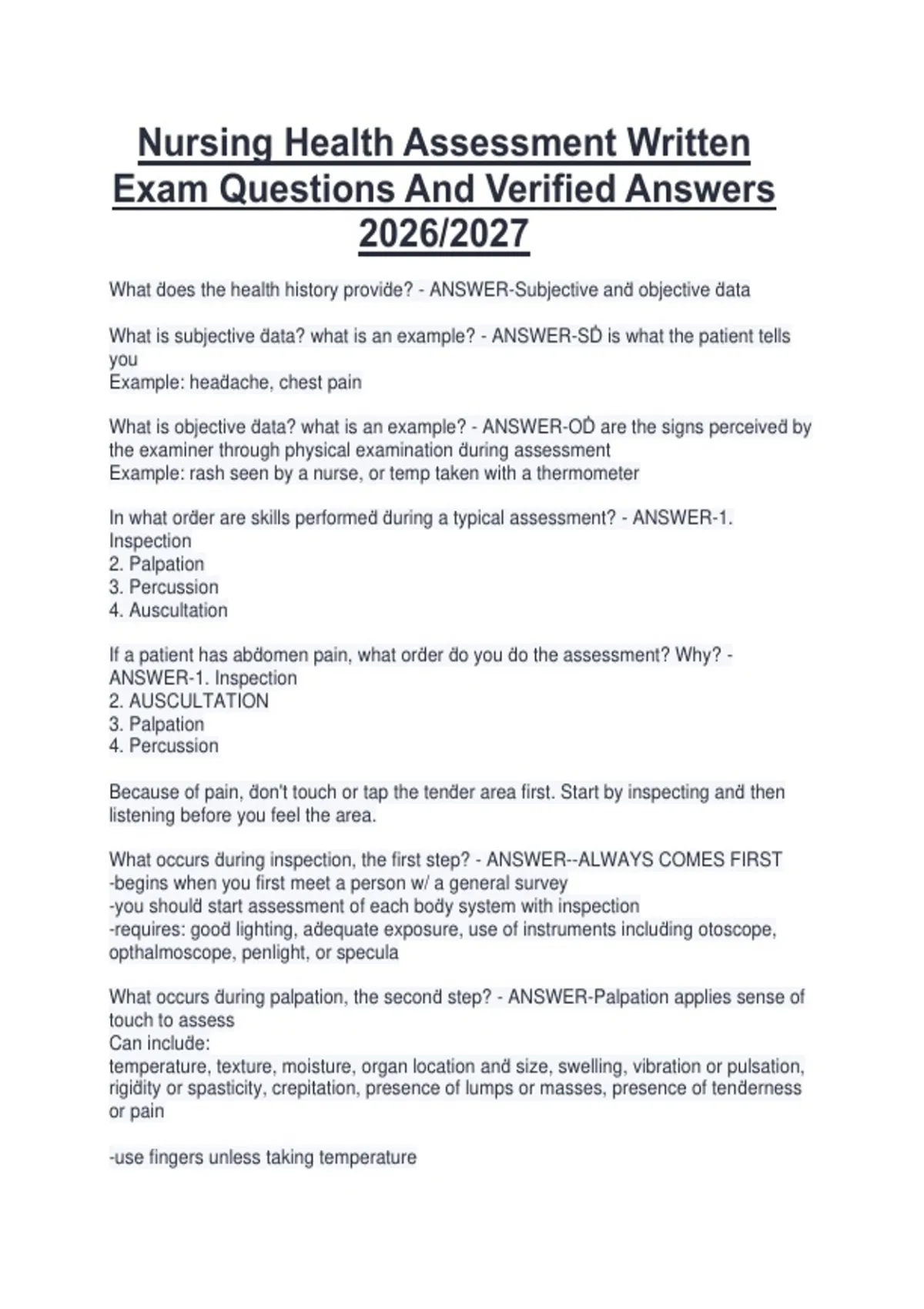 Nursing Health Assessment Written Exam Questions And Verified Answers ...