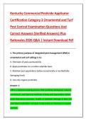 Kentucky Commercial Pesticide Applicator  Certification Category 3 Ornamental and Turf  Pest Control Examination Questions And  Correct Answers &lpar;Verified Answers&rpar; Plus  Rationales 2026 Q&A &vert; Instant Download Pdf 