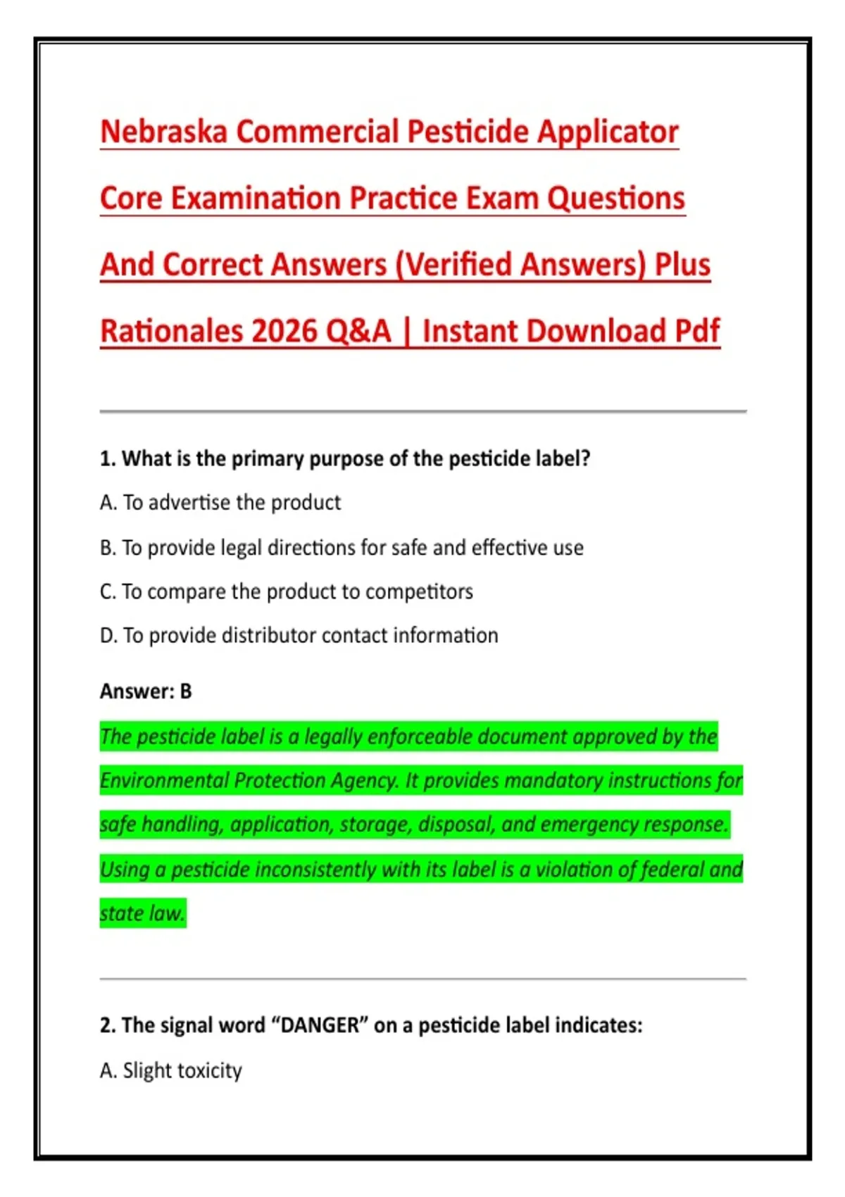 Nebraska Commercial Pesticide Applicator Core Examination Practice Exam Questions And Correct ...
